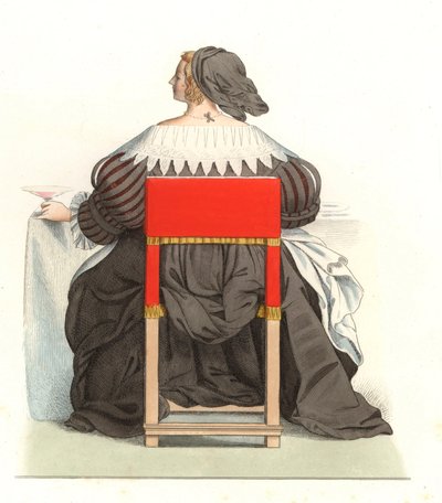 Fransk kvinde 1600-tallet, efter et gravering af Abraham Bosse (1602-1676) - Litografi fra en illustration af Edmond Lechevallier-Chevignard (1825-1902), fra "Costumes historiques des 16th" af Edmond Lechevallier Chevignard