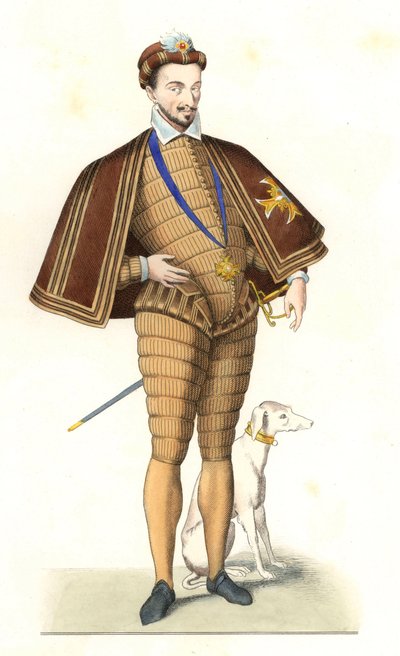 Kong Henrik III af Frankrig (1551-1589), iført halskæde af Helligåndsordenen - Litografi efter en illustration af Edmond Lechevallier-Chevignard (1825-1902), fra "Costumes historiques des 16th" af Edmond Lechevallier Chevignard