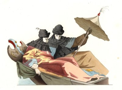 Venitianere iført bautamasken, Italien 18. århundrede, baseret på et maleri af Giovanni Antonio Canal dit Canaletto (1697-1768) - Litografi baseret på en illustration af Edmond Lechevallier-Chevignard (1825-1902), fra "" Historical Costumes of the 16th af Edmond Lechevallier Chevignard