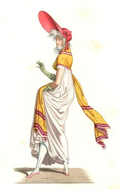 Ung fransk kvinde klædt som det vidundere i det 18. århundrede efter et maleri af Carle Vernet (1758-1836) - Litografi efter en illustration af Edmond Lechevallier-Chevignard (1825-1902), fra "Costumes historiques des 16th" af Edmond Lechevallier Chevignard