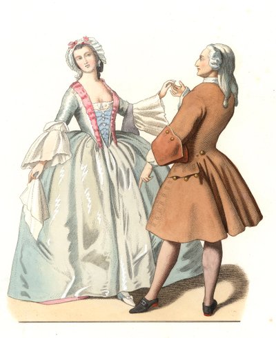 Dansemester og en ung venetianer, dans lecon i Italien 1700-tallet, baseret på et maleri af Pietro Longhi (1701-1785) - Litografi baseret på en illustration af Edmond Lechevallier-Chevignard (1825-1902), uddrag fra "" Historiske kostumer af den 16 af Edmond Lechevallier Chevignard