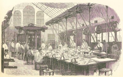 Sølvsmede på arbejde på Christophle Bestikfabrikken i Paris, pub. 1875. af Edmond Morin