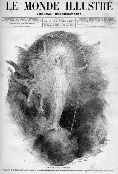 Dronningen af nutiden: allegori om elektricitet som en kvinde, der dominerer verden, lavet på Electricite-udstillingen i 1881. Gravering af Edmond Morin. En af "The Illustrous World" nr. 1273 af 20. august af Edmond Morin