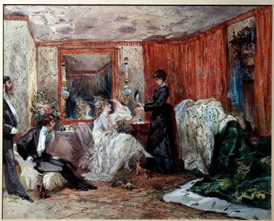 Teaterkomikeren Hortense Schneider (1833-1920), Jacques Offenbachs (1819-1890) elskerinde, repræsenterer til venstre i sit omklædningsrum på Theatre des varietes. Akvarel af Edmond Morin (1824-1882) 1873 Compiegne, Castle Museum af Edmond Morin