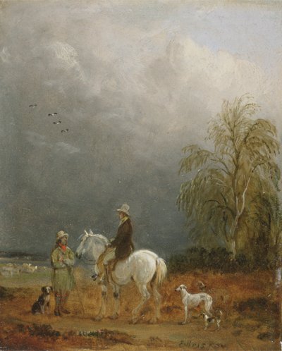 En rejsende og en hyrde i et landskab (olie om bord) af Edmund Bristow