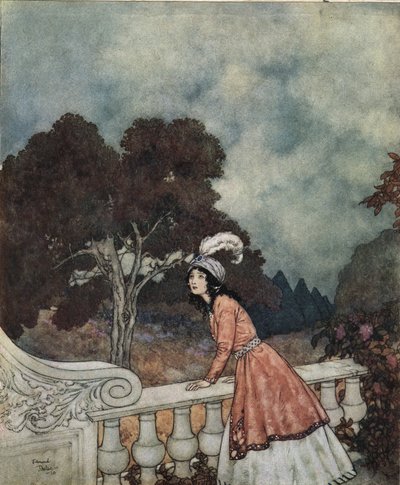 Blåskæg: Blåskægs unge kone, Fatima, spørger sin søster Anne, om hun kan se sine brødre fra tårnet, ca. 1910 (litografi). af Edmund Dulac