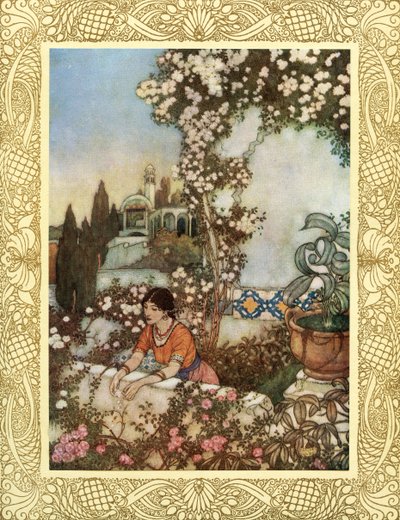 Se på den blæsende rose omkring os - "Lo, Laughing," siger hun, "into the world I blow: Med det samme rives min pung med silkekvasten, og dens skat kastes i haven, illustration fra 