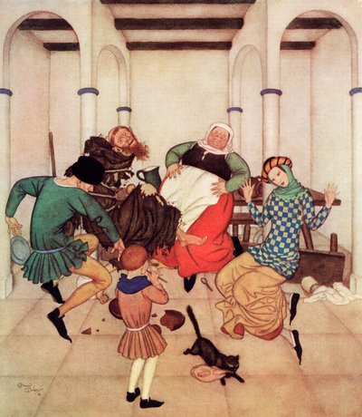 "The Friar, bound fast to the post, squirmed and wriggled, showing plainly that he would foot it if he could", illustration fra det engelske eventyr The Friar and the Boy, fra Edmund Dulac