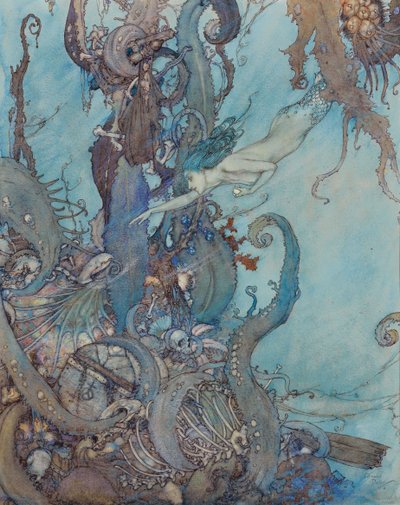 Den lille havfrue, "Ved det blotte syn af den lyse væske trak de sig tilbage i rædsel" af Edmund Dulac
