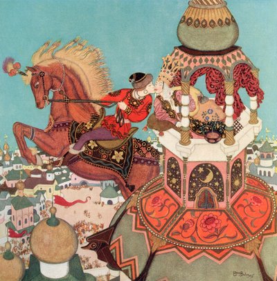 "Kastanjehesten syntes at blive hængende i luften på toppen af sit spring, mens kysset varede ved", illustration fra det russiske eventyr Ivan og kastanjehesten, fra Edmund Dulacs Fairy-Book: Fairy Tales of the Allied Nations, udgivet i 1916. af Edmund Dulac