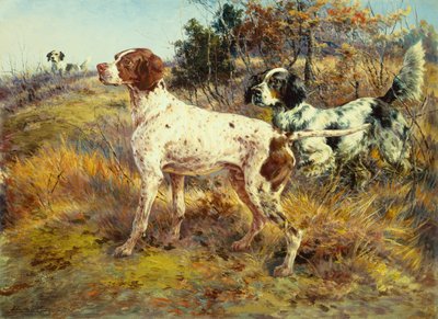 En tysk korthåret pointer og to settere i et landskab (olie på lærred) af Edmund Henry Osthaus