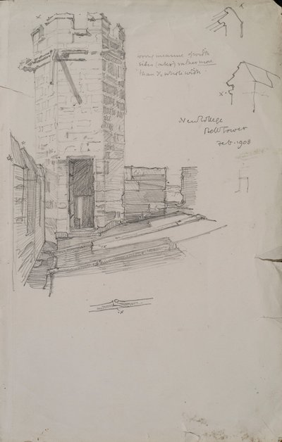 Skitse af klokketårnet på New College, der viser detaljer af blyindfattet tag, blyant fra 1908 på papir af Edmund Hort New