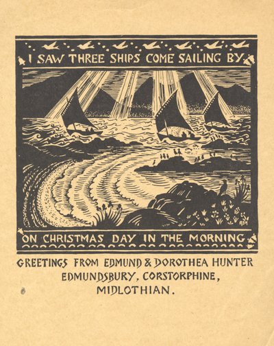 Jeg så tre sejlskibe, c.1930 (gouache på papir) af Edmund Hunter