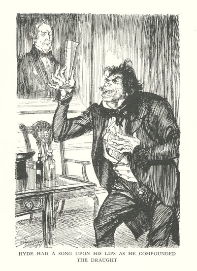 Illustration til R L Stevensons The Strange Case of Dr Jekyll  Mr Hyde (litografi) af Edmund Joseph (after) Sullivan
