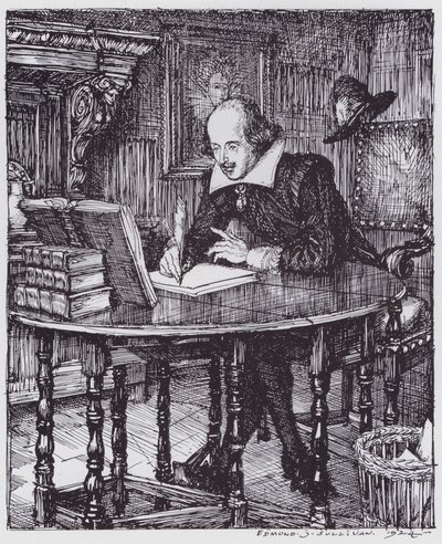 Shakespeare i sit arbejdsværelse (litho) af Edmund Joseph (after) Sullivan