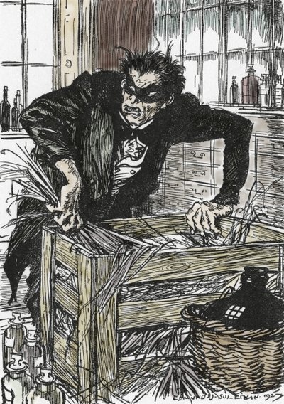 Dr. jekyll søger desperat efter pulveret, der giver ham mulighed for at forringe sin karakter af Mr Hyde, Illustration af Edmund Joseph Sullivan (1869-1933) til romanen L
