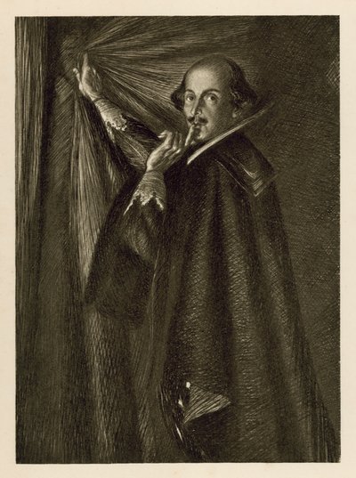 William Shakespeare holder gardinet og beder os være stille (litho) af Edmund Joseph Sullivan