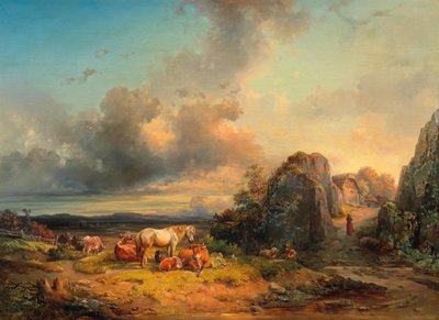 Flok dyr og figurtilbehør foran et bredt landskab af Edmund Mahlknecht