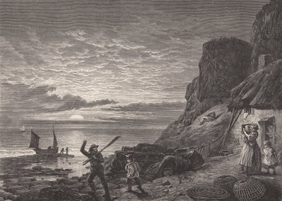 Fiskere, far og søn, siger farvel til deres familie (gravering) af Edmund Morison (after) Wimperis