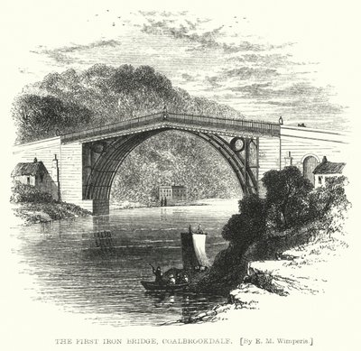 The First Iron Bridge, Coalbrookdale (gravering) af Edmund Morison (after) Wimperis