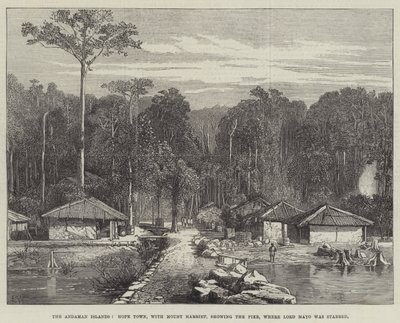 Andamanøerne, Hope Town, med Mount Harriet, der viser molen, hvor Lord Mayo blev stukket af Edmund Morison Wimperis