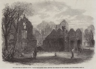 The late Fire at Campden House, View of the Garden Front, der viser resterne af teatret af Edmund Morison Wimperis