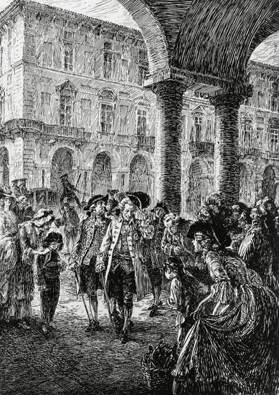Møde under Torinos arkader, illustration til Stormen, Satet, Torino af Edoardo Calandra