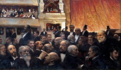 Pause, en premiere på den franske komedie Blandt tilskuerne: i badekarret, Henri Rochefort og Leon Gambetta, i avantscenens omklædningsrum øverst, Jules Ferry, d
