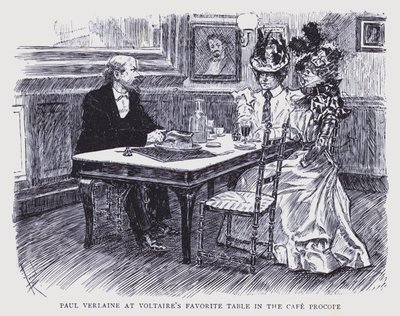 Böhmisches Paris: Paul Verlaine an Voltaires Lieblingstisch im Café Procope von Edouard Alfred (1875-1954) Cucuel