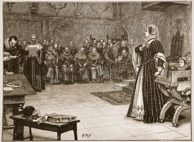 Retssag mod Mary Queen of Scots i Fotheringhay Castle, illustration fra 