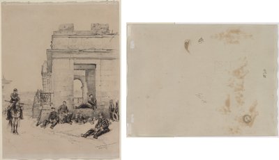 Soldater hviler (recto) Skitse af en mand med løftet arm og skitse af en hjelm (verso) af Edouard Detaille