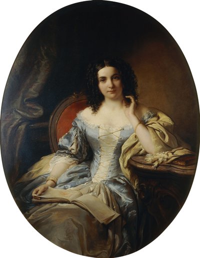 Portræt af en siddende Dame i en blå og hvid Kjole; Portræt af en siddende dame i en blå og hvid kjole, 1853 af Edouard Ender