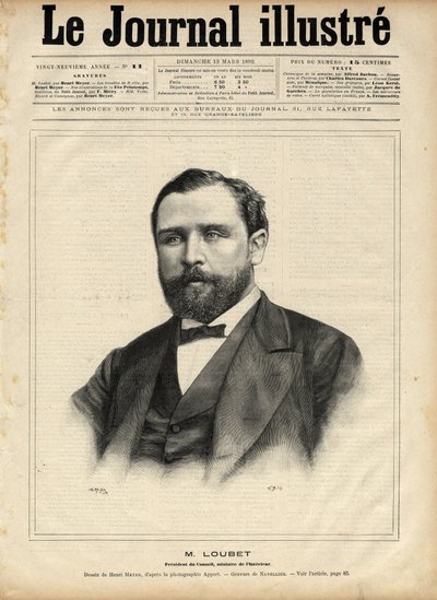 Emile Loubet (1836-1929) i 1892 (præsident for rådet - indenrigsminister) Indgravering af Navellier i "The Illustrous Journal" fra 1892 af Edouard Felicien Eugene Navellier