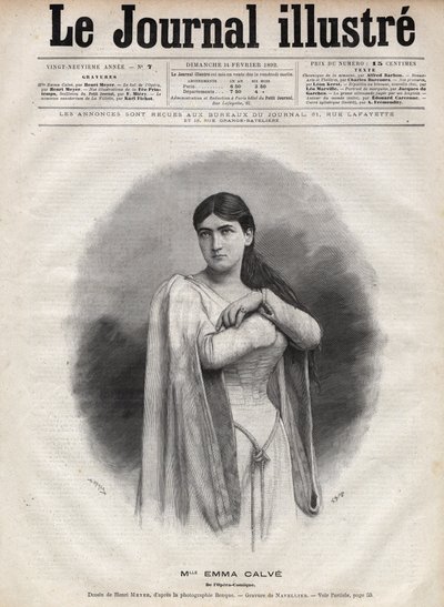 Portræt af Emma Calve (Rosa Noemie Emma Calvet de Roquet, dit) (1858-1942), fransk sopran - Indgravering af Navellier i "The Illustrous Journal" fra 1892 af Edouard Felicien Eugene Navellier
