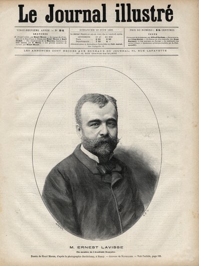 Portræt af Ernest Lavisse (1842-1922), fransk historiker og akademiker - Indgravering af Navellier i "Le journal illustrious"" fra 1892 af Edouard Felicien Eugene Navellier