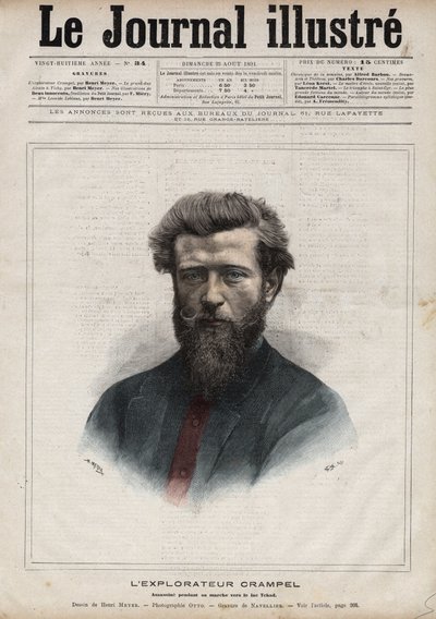 Portræt af Paul Crampel (1864-1891), fransk opdagelsesrejsende i Centralafrika - Indgravering af Navellier i "The Illustrous Diary"" fra 1891 af Edouard Felicien Eugene Navellier