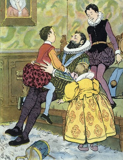 Konge af Frankrig Henri IV leger med sine børn (1553-1610) Illustration af Edouard Zier i "Nos-Gloriers-Nationales"" 1920 Collection privee af Edouard Francois Zier