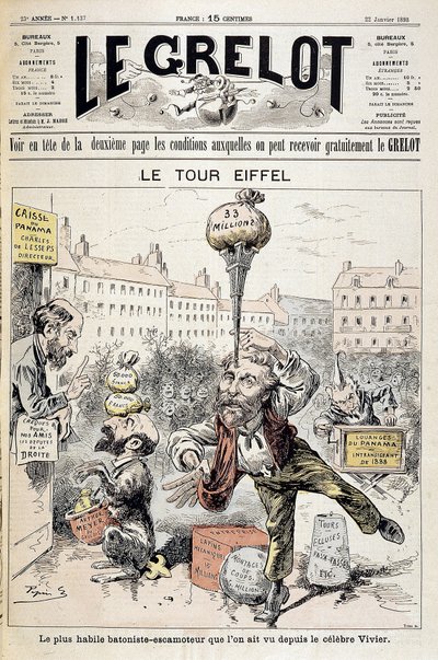 Tegneserie om finansielle skandaler "" Eiffeltårnet: den dygtigste batonist - retraktor set siden den berømte Vivier"". Forside "" Le Grelot"" af 22. januar af Edouard Guillaumin Pepin