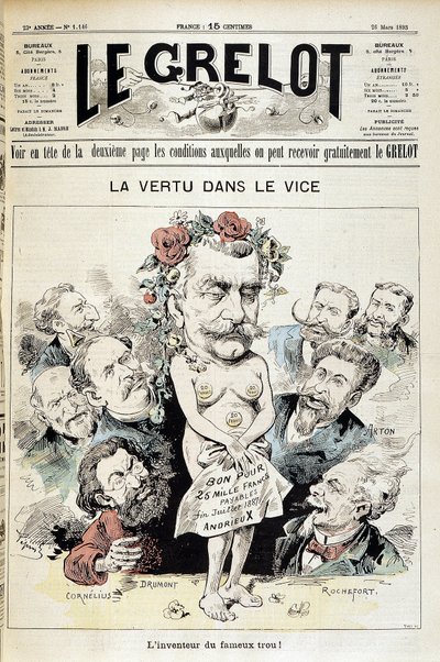 Tegnefilm om Panama-skandalen: "Dyd i lasten: opfinderen af det berømte hul!" - Couv. "Le Grelot" af 26. marts af Edouard Guillaumin Pepin
