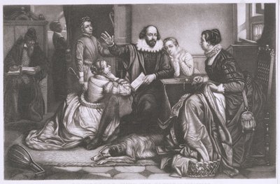 Shakespeare med sin familie, i Stratford, reciting the Tragedy Hamlet (stipple gravering og radering) af Edouard Jean Conrad Hamman