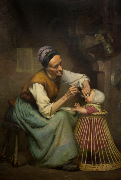 En gammel kvinde fodrer sit barnebarn holdt i en flettet gåstol af Edouard Jerome Paupion af Edouard Jerome Paupion