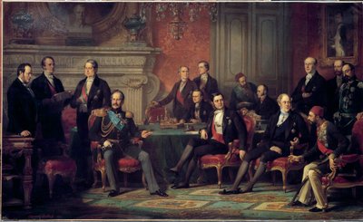 Paris-kongressen fra 25. februar til 30. marts 1856 mødtes i slutningen af Krimkrigen af Napoleon III med de europæiske staters udenrigsministre. Maleri af Edouard Louis Dubufe (1820-1883). 1856 søn. 3,08 x 5,10 m af Edouard Louis Dubufe