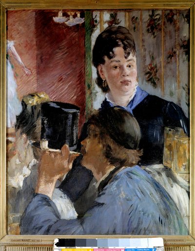 En ung kvinde serverer øl til elegante og populære gæster. Maleri af Edouard Manet (1832-1883) 1878 søn. 0,77x0,65 m Paris, musee d