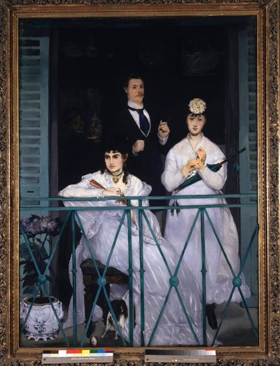Balkon To unge kvinder holder en vifte og en paraply og en mand med slips. Portræt af Berthe Morisot (1841-1895), fransk maler, Fanny Claus (1846-1877), violinist, Antoine Guillemet (1841-1918) anlægsgartner og baggrund Leon Leenhoff. Maleri af Edoua af Édouard Manet