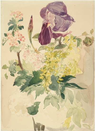 Blomsterstykke med iris, laburnum og geranium. 1880 af Édouard Manet