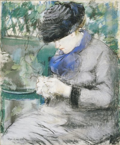 Pige, der sidder i haven, eller strikker, 1879 af Édouard Manet