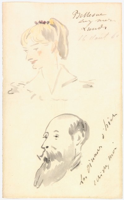 Manet - Hoved af en kvinde og hoved af en skægget mand, 1880 af Édouard Manet