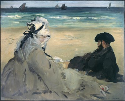 På stranden. Portræt af Madame Edouard Manet (1830-1906) og Eugene Manet (1833-1892), kunstnerens hustru og bror i Berck-sur-Mer (Berck sur mer). Maleri af Edouard Manet (1832-1883), 1873. Olie af Édouard Manet