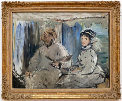 Maleren Claude Monet (1840-1926) i sit atelier. (Ved hans side, hans kone Camille, i hans værkstedsbåd). Maleri af Edouard Manet (1832-1883), Olie på lærred af Édouard Manet