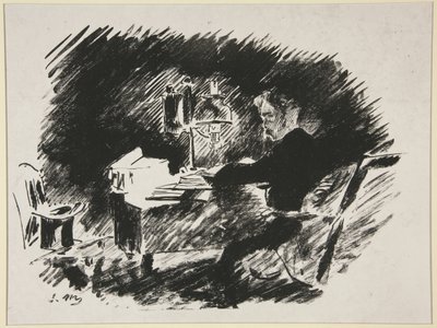 Under lampen, første illustration til Mallarmés oversættelse af Poes «Ravnen» af Édouard Manet